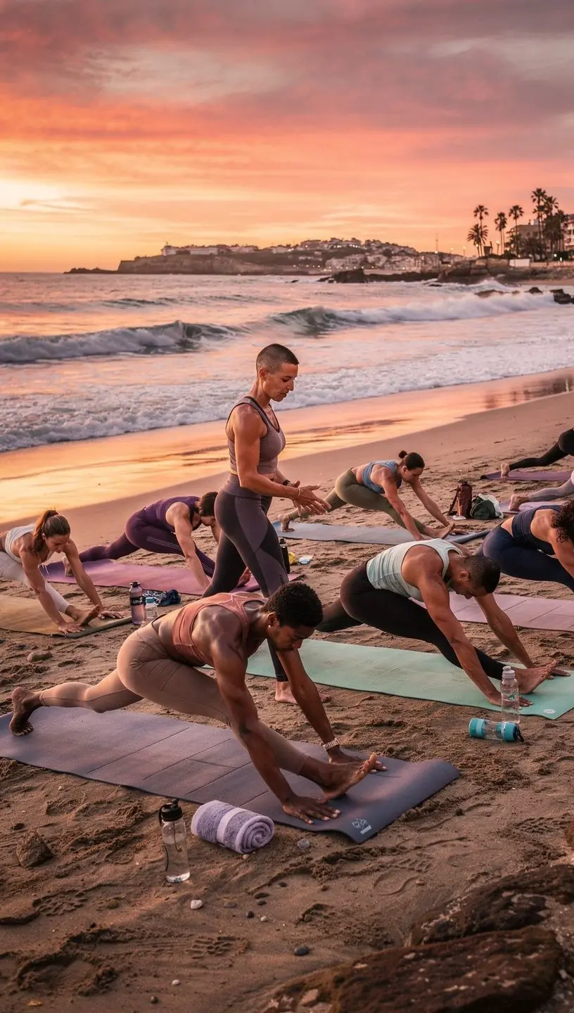 Grupo de deportistas practicando yoga en un ambiente luminoso y motivador.