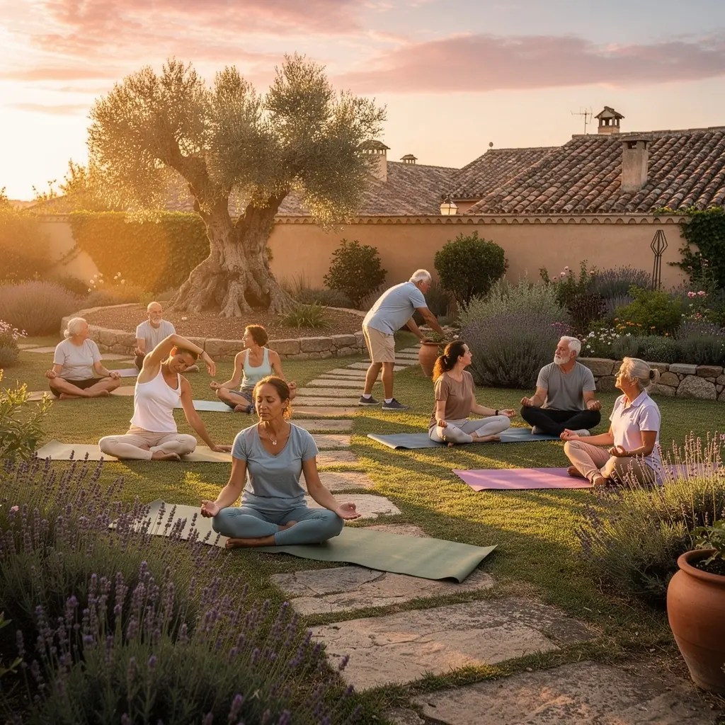 Grupo de deportistas en una clase de yoga, practicando técnicas de respiración y meditación.