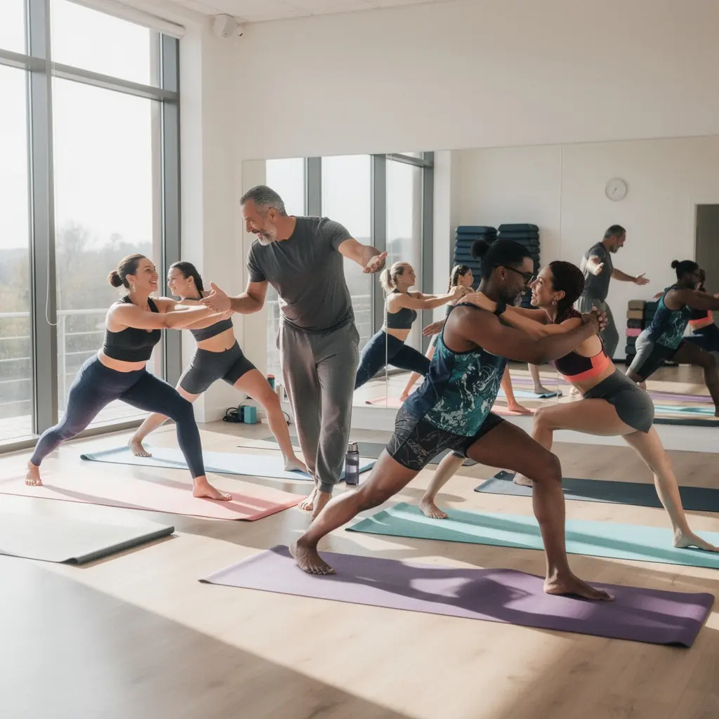 Grupo de deportistas en una clase de yoga, practicando técnicas de respiración y meditación.