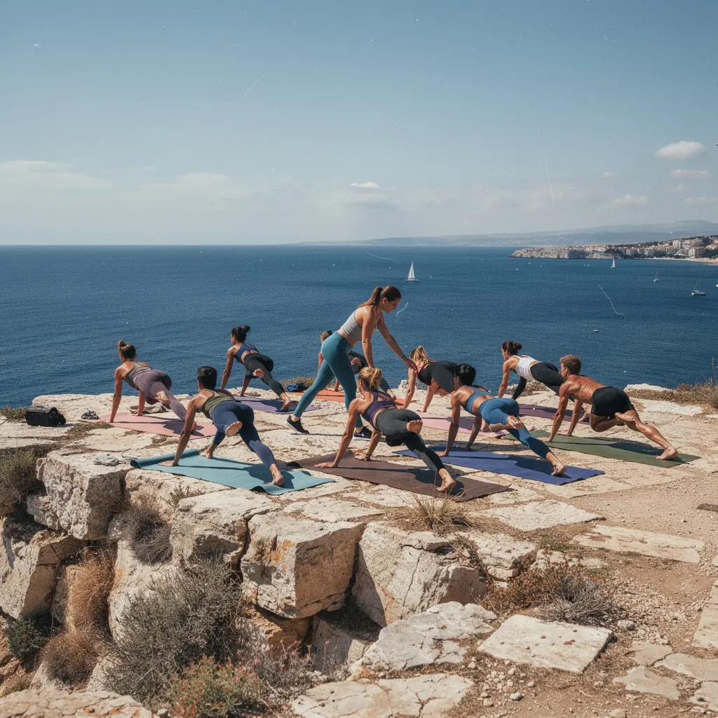 Grupo de deportistas en una clase de yoga, practicando técnicas de respiración y meditación.