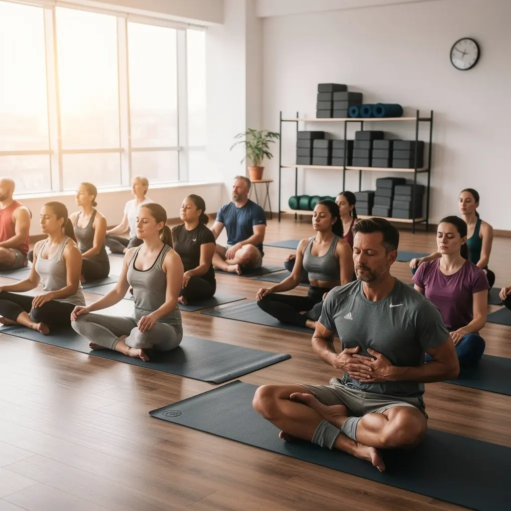 Atleta realizando una postura de yoga en una esterilla, enfocándose en el equilibrio y la flexibilidad.